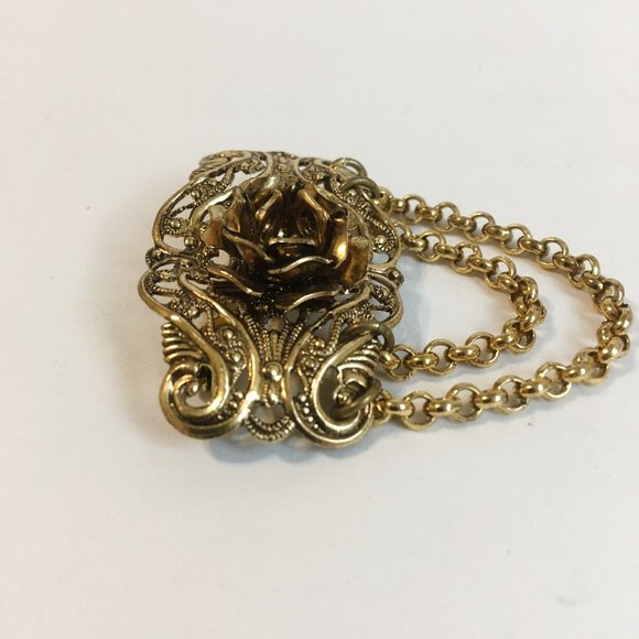 Rose Pin Brooch Vintage Ornate Scroll Filigree - Picture 3 of 6